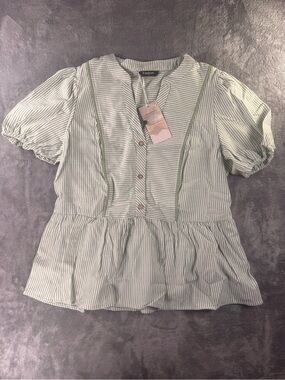 Green Stripe Peplum Button Front Top